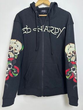 Ed Hardy Black Zip-Up Hoodie with Skull Sleeve Art